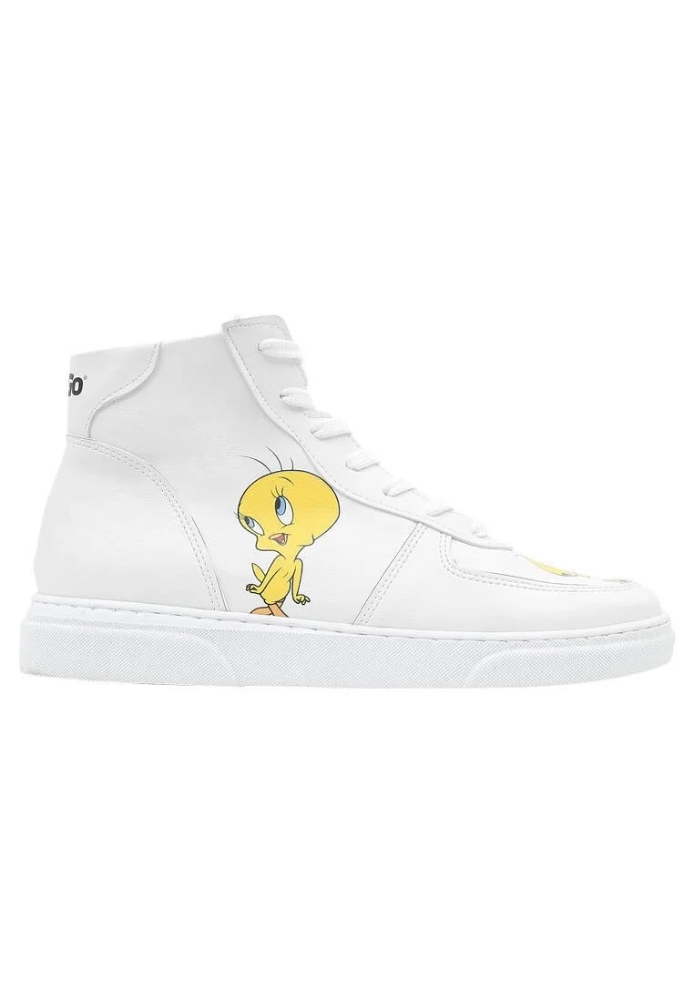 Kadın Vegan Deri Beyaz High Sneakers - Warner Bros Tweety Classic Tasarım