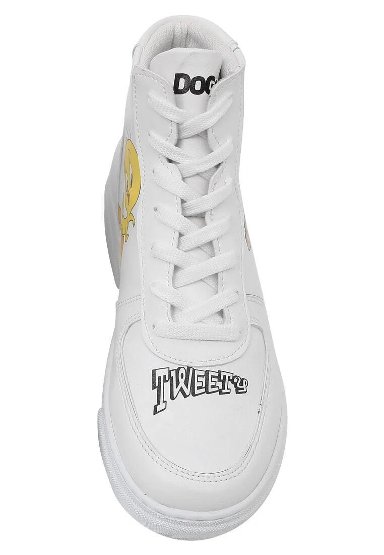 Kadın Vegan Deri Beyaz High Sneakers - Warner Bros Tweety Classic Tasarım