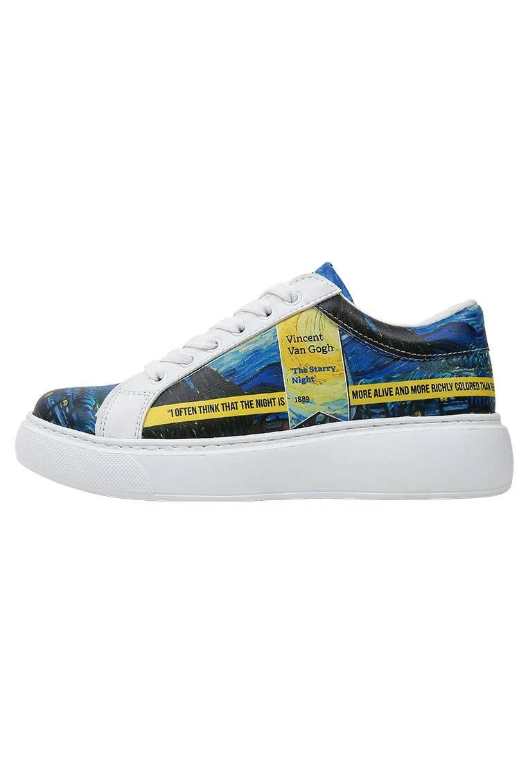 Kadın Vegan Deri Beyaz Sneakers - Vincent van Gogh The Starry Night Muse Tasarım