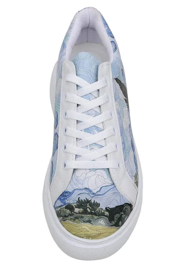 Kadın Vegan Deri Beyaz Sneakers - Vincent van Gogh A Wheat Field with Cypresses Tasarım