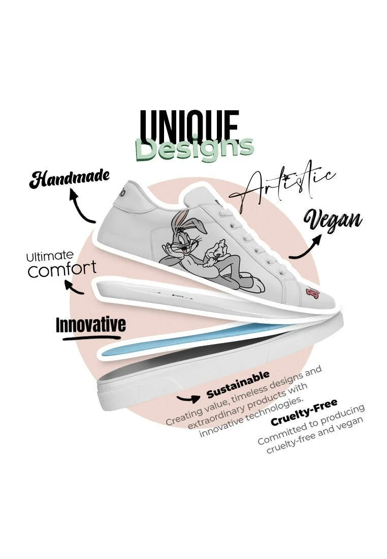 Kadın Vegan Deri Beyaz Sneakers - What's Up Doc? Bugs Bunny Tasarım