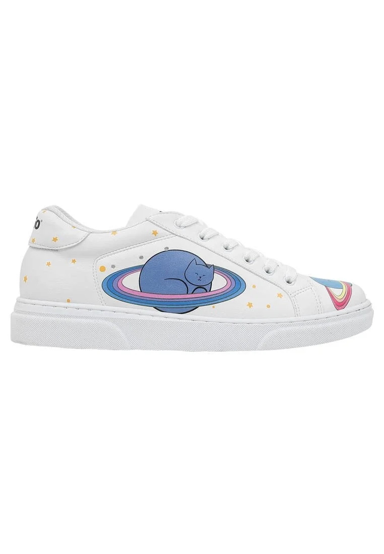 Kadın Vegan Deri Beyaz Sneakers - Cat Planets Tasarım