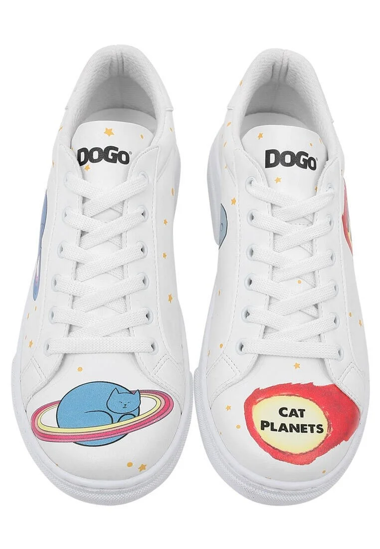 Kadın Vegan Deri Beyaz Sneakers - Cat Planets Tasarım