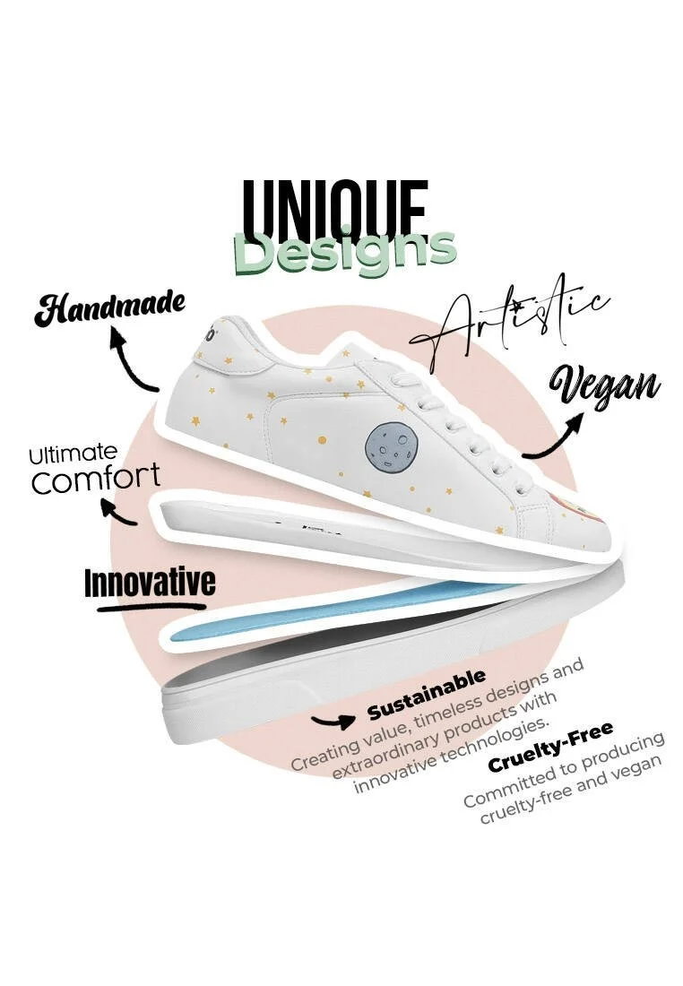 Kadın Vegan Deri Beyaz Sneakers - Cat Planets Tasarım