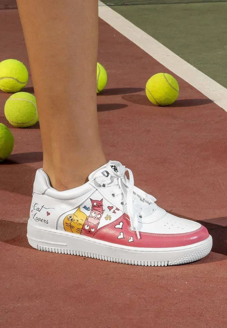 Kadın Vegan Deri Beyaz Sneakers - Cat Lovers Tasarım