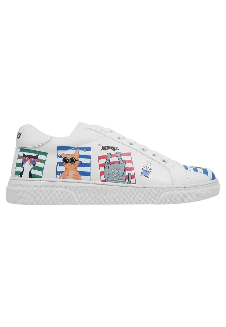 Kadın Vegan Deri Beyaz Sneakers - Cats on the Beach Tasarım