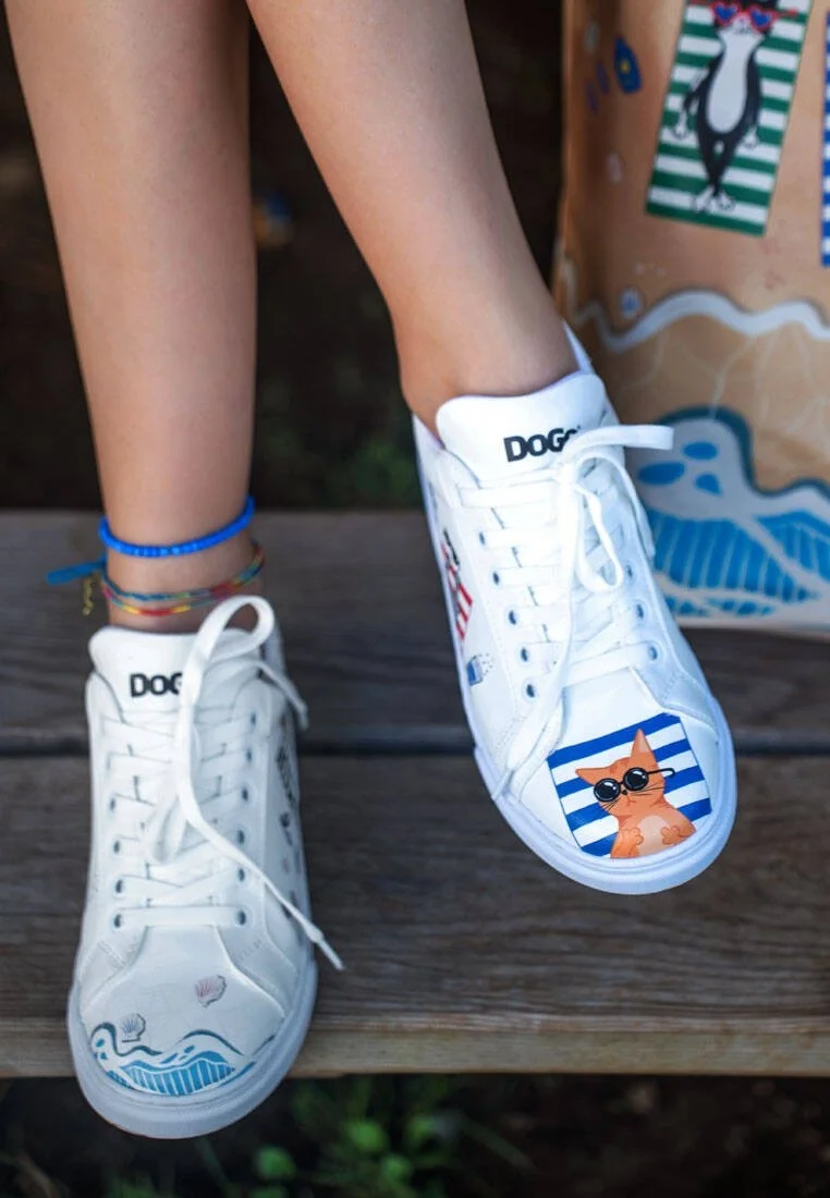 Kadın Vegan Deri Beyaz Sneakers - Cats on the Beach Tasarım