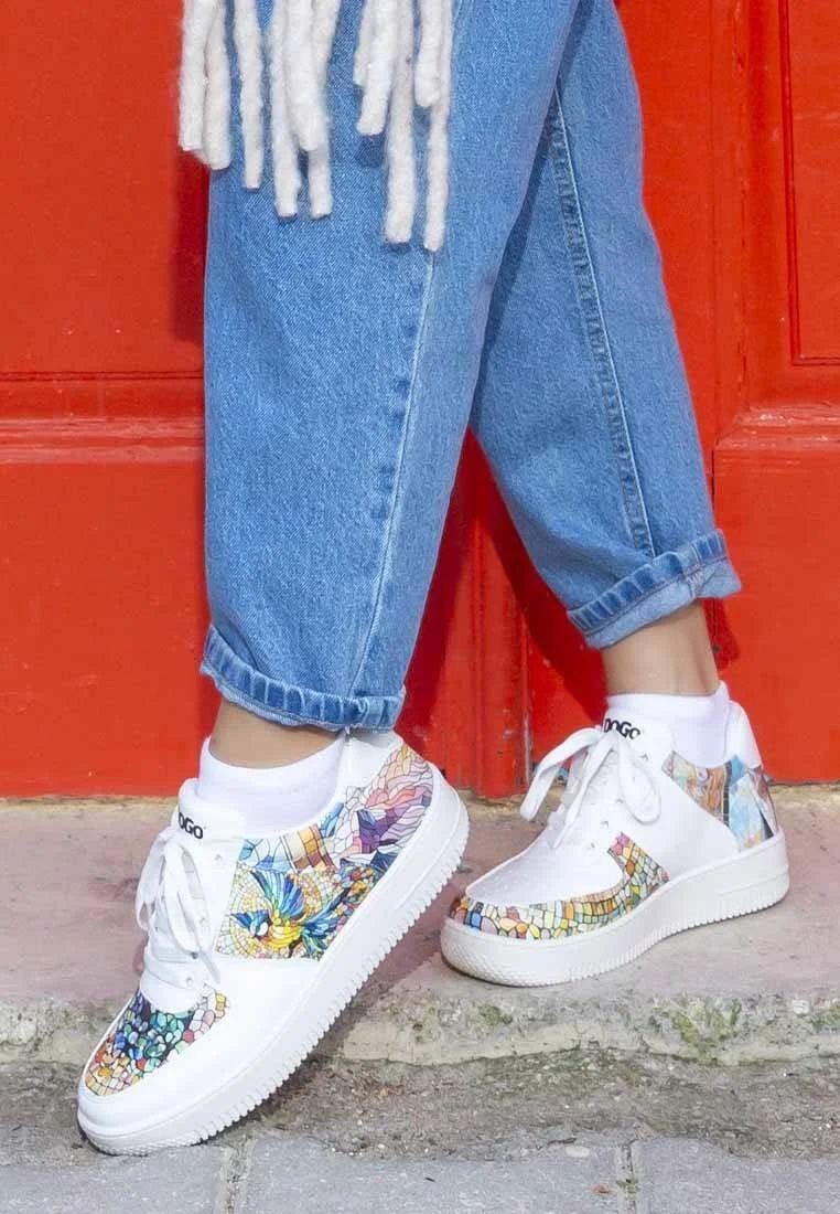 Kadın Vegan Deri Beyaz Sneakers - Mosaical Tasarım