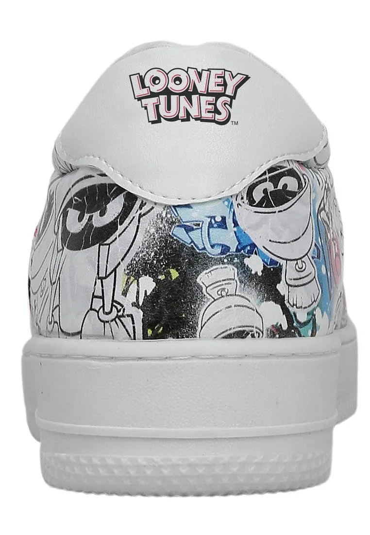 Kadın Vegan Deri Beyaz Sneakers - Warner Bros Marvin the Martian Stencil Tasarım