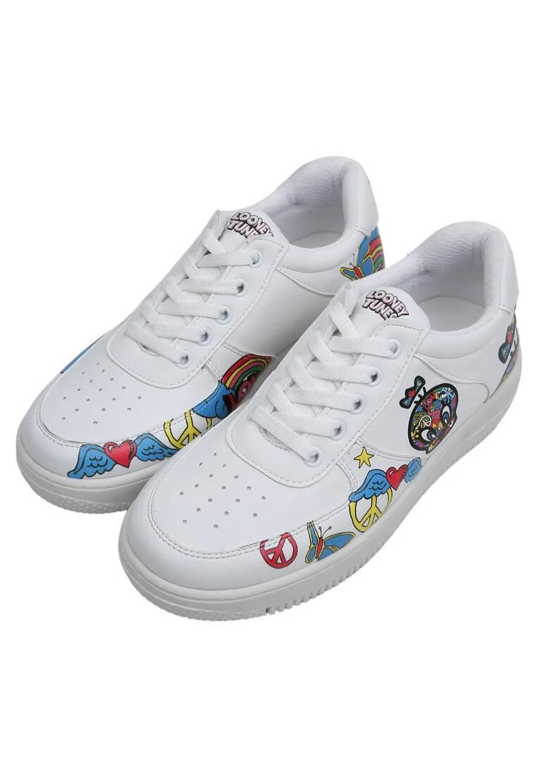 Kadın Vegan Deri Beyaz Sneakers - Warner Bros Tweety Love Tasarım