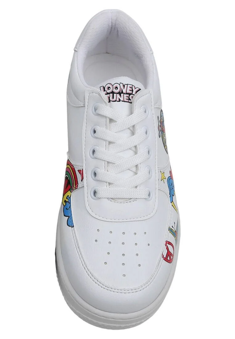 Kadın Vegan Deri Beyaz Sneakers - Warner Bros Tweety Love Tasarım