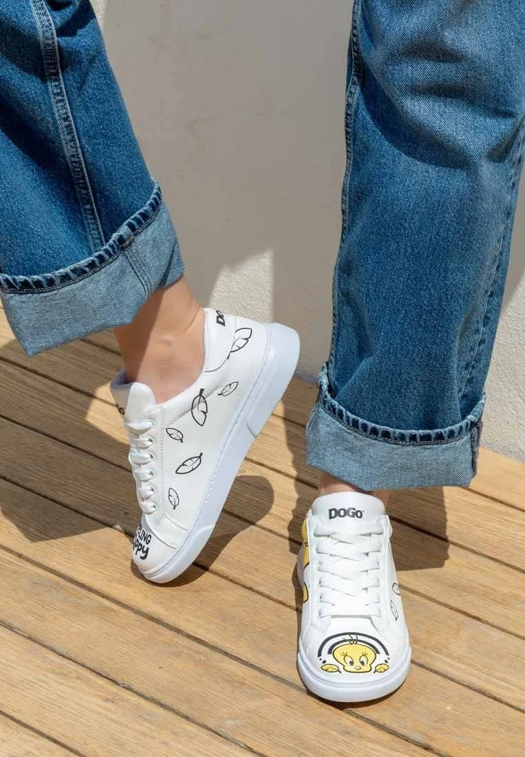 Kadın Vegan Deri Beyaz Sneakers - Warner Bros Tweety Feeling Happy Tasarım