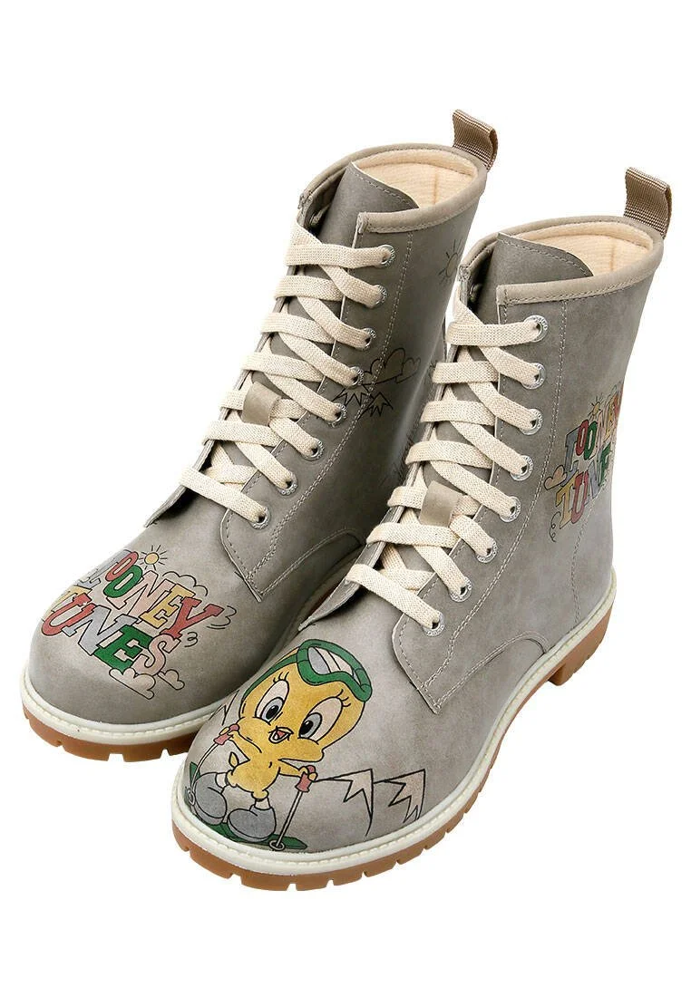 Kadın Vegan Deri Gri Uzun Bot - Warner Bros Tweety Looney Tunes Ski Club Tasarım
