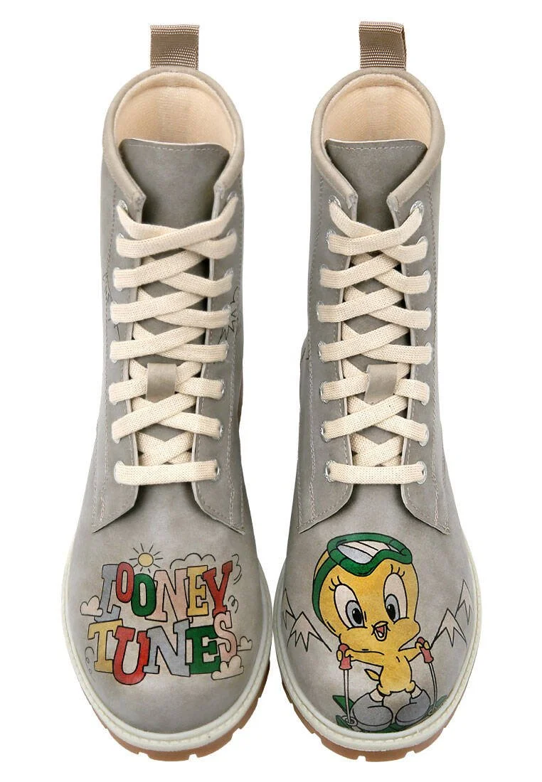 Kadın Vegan Deri Gri Uzun Bot - Warner Bros Tweety Looney Tunes Ski Club Tasarım