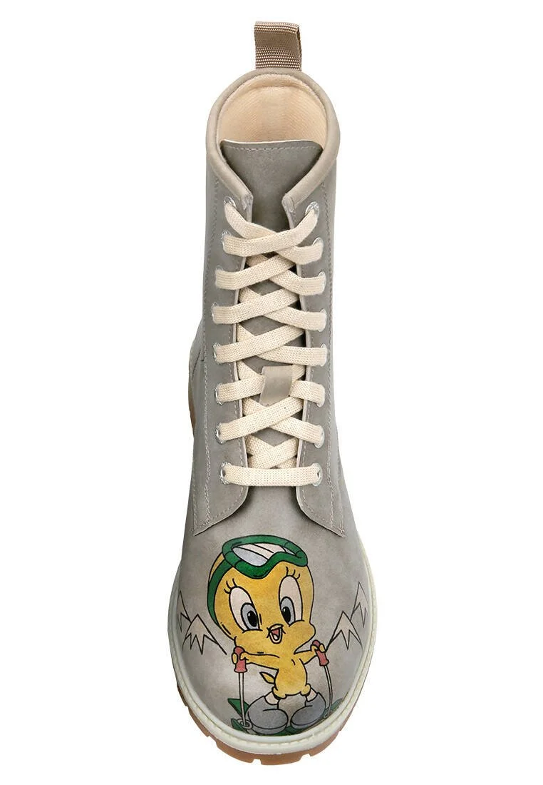 Kadın Vegan Deri Gri Uzun Bot - Warner Bros Tweety Looney Tunes Ski Club Tasarım