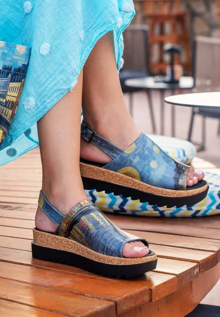 Kadın Vegan Deri Çok Renkli Kalın Taban Sandalet - Sea Sparkles Tasarım