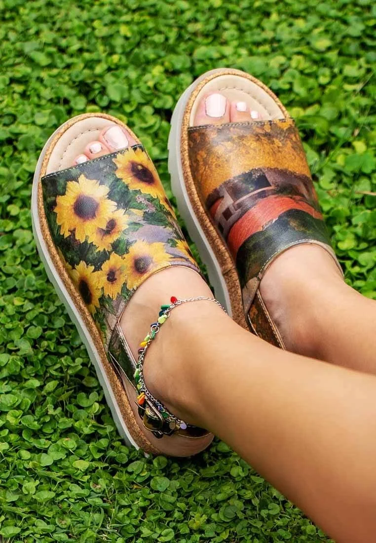 Kadın Vegan Deri Çok Renkli Kalın Taban Sandalet - Sunflowers Tasarım