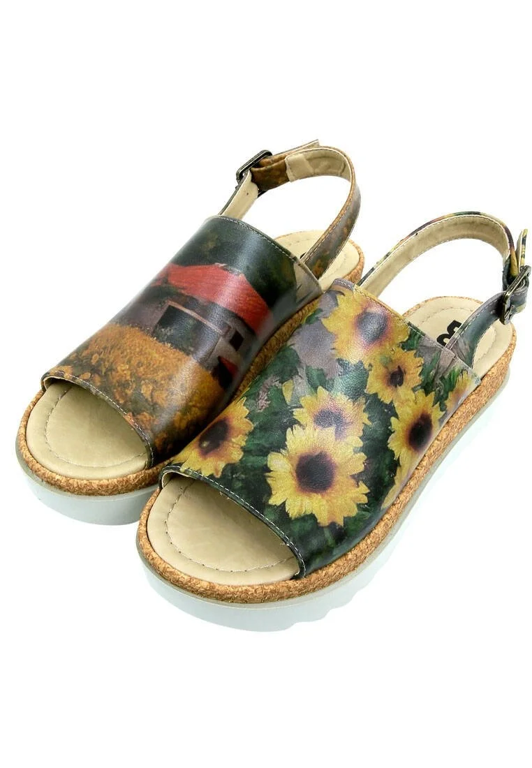 Kadın Vegan Deri Çok Renkli Kalın Taban Sandalet - Sunflowers Tasarım