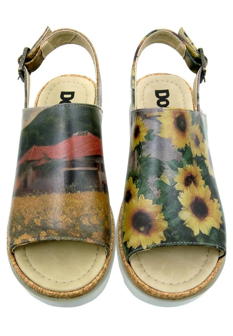 Kadın Vegan Deri Çok Renkli Kalın Taban Sandalet - Sunflowers Tasarım