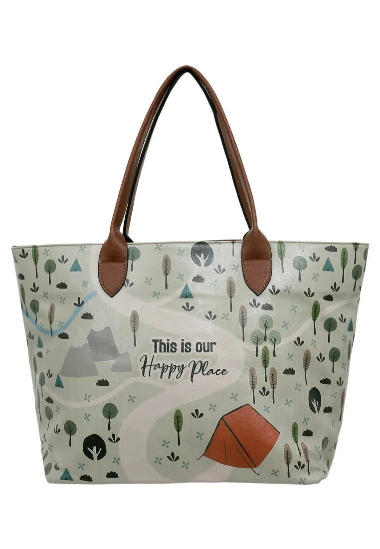 Kadın Vegan Deri Krem Omuz Çantası - This is Our Happy Place Tasarım