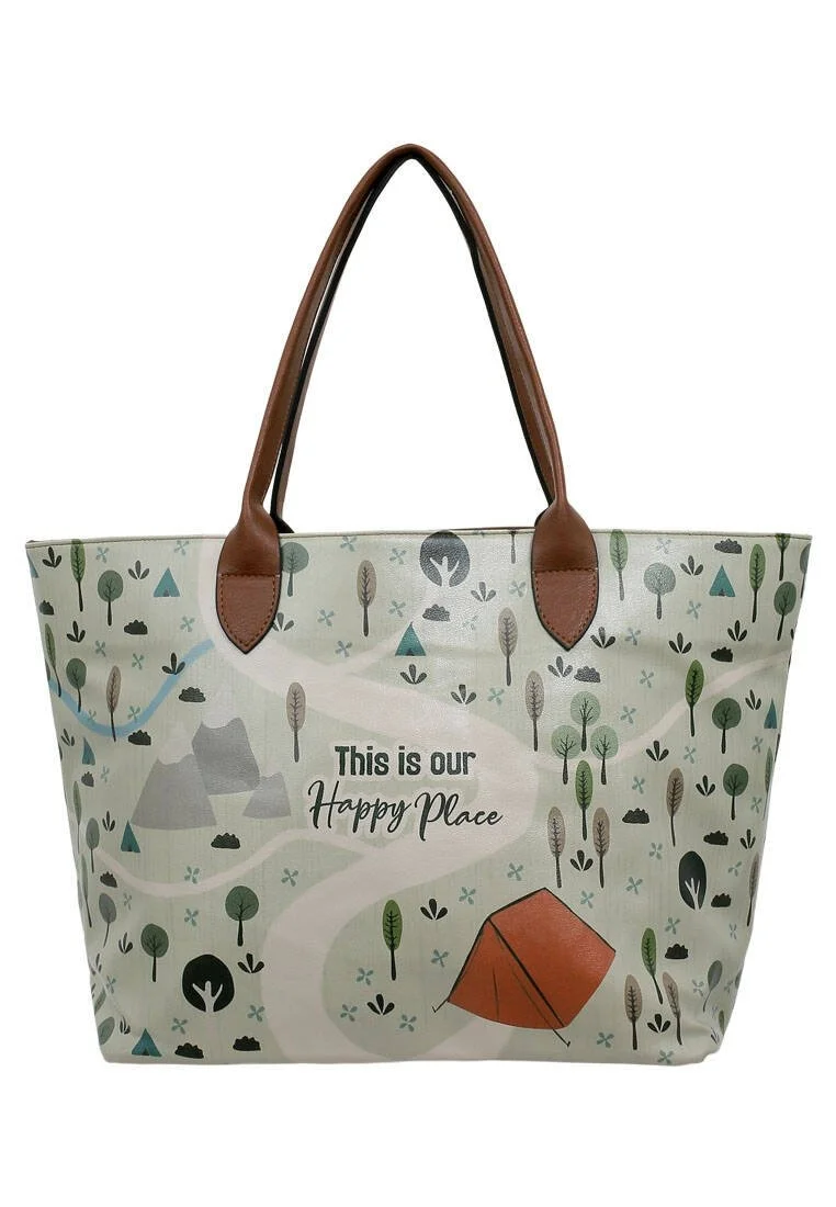 Kadın Vegan Deri Krem Omuz Çantası - This is Our Happy Place Tasarım
