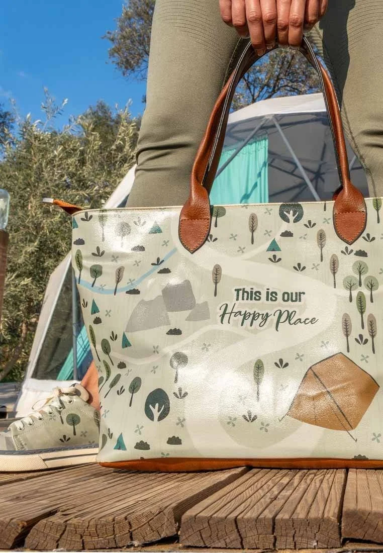 Kadın Vegan Deri Krem Omuz Çantası - This is Our Happy Place Tasarım