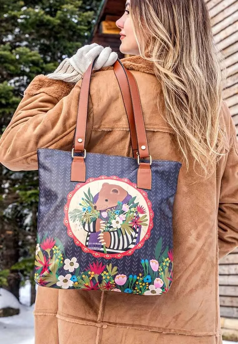 Kadın Vegan Deri Lacivert Omuz Çantası - Bear and Flowers Tasarım