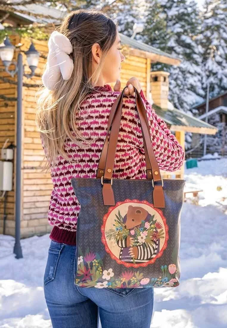 Kadın Vegan Deri Lacivert Omuz Çantası - Bear and Flowers Tasarım
