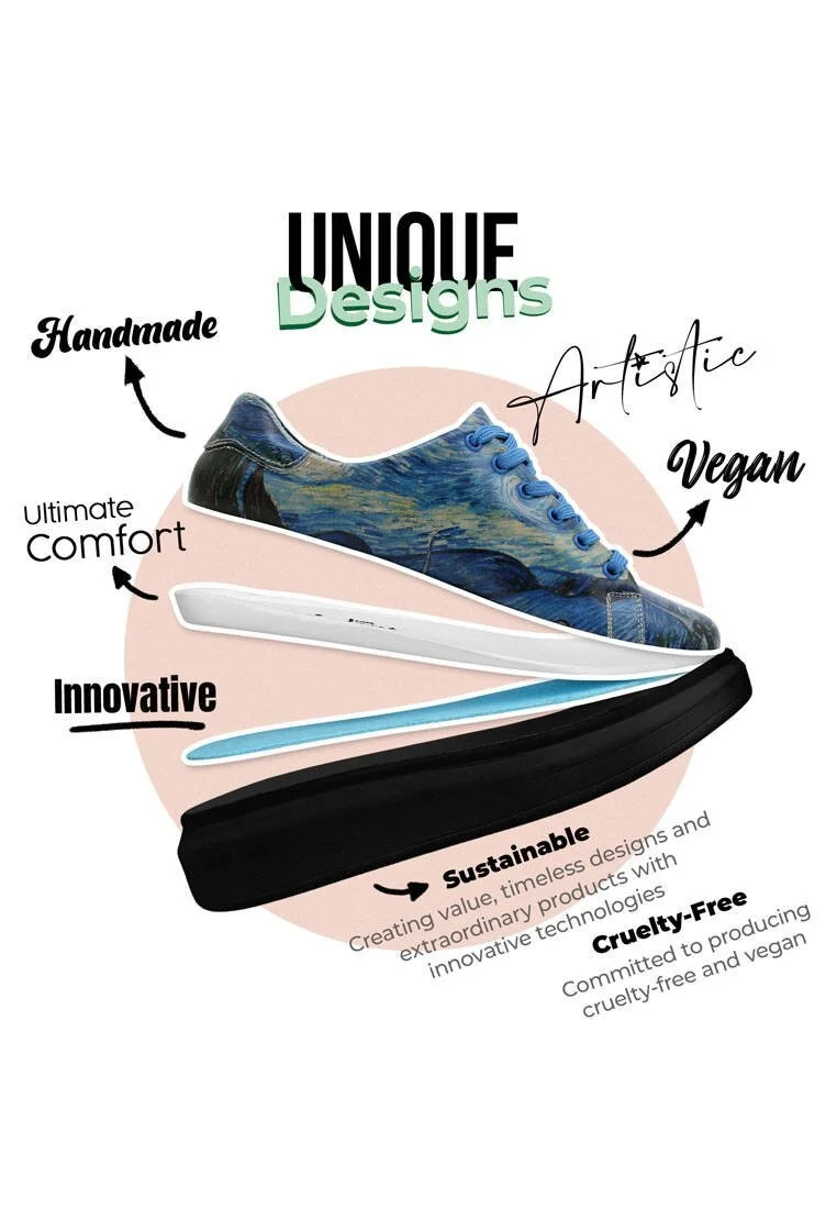 Kadın Vegan Deri Lacivert Sneakers - Vincent van Gogh The Starry Night Muse Tasarım