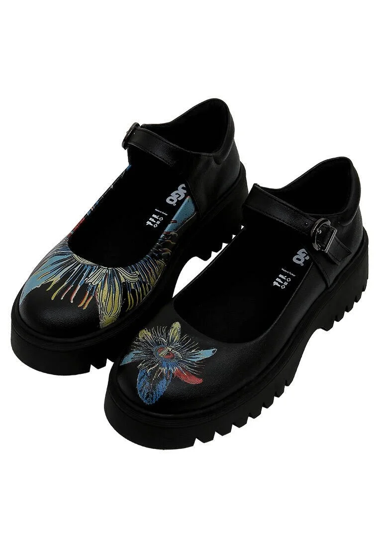Kadın Vegan Deri Siyah Mary Jane Loafer - Passion Flower Tasarım