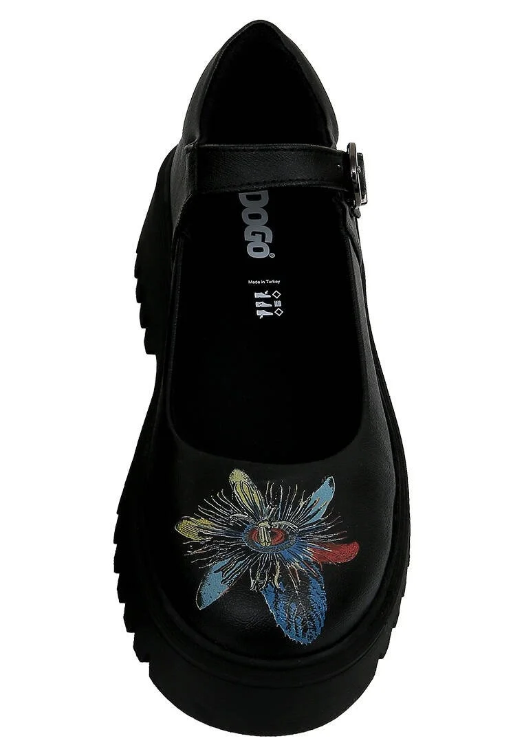 Kadın Vegan Deri Siyah Mary Jane Loafer - Passion Flower Tasarım