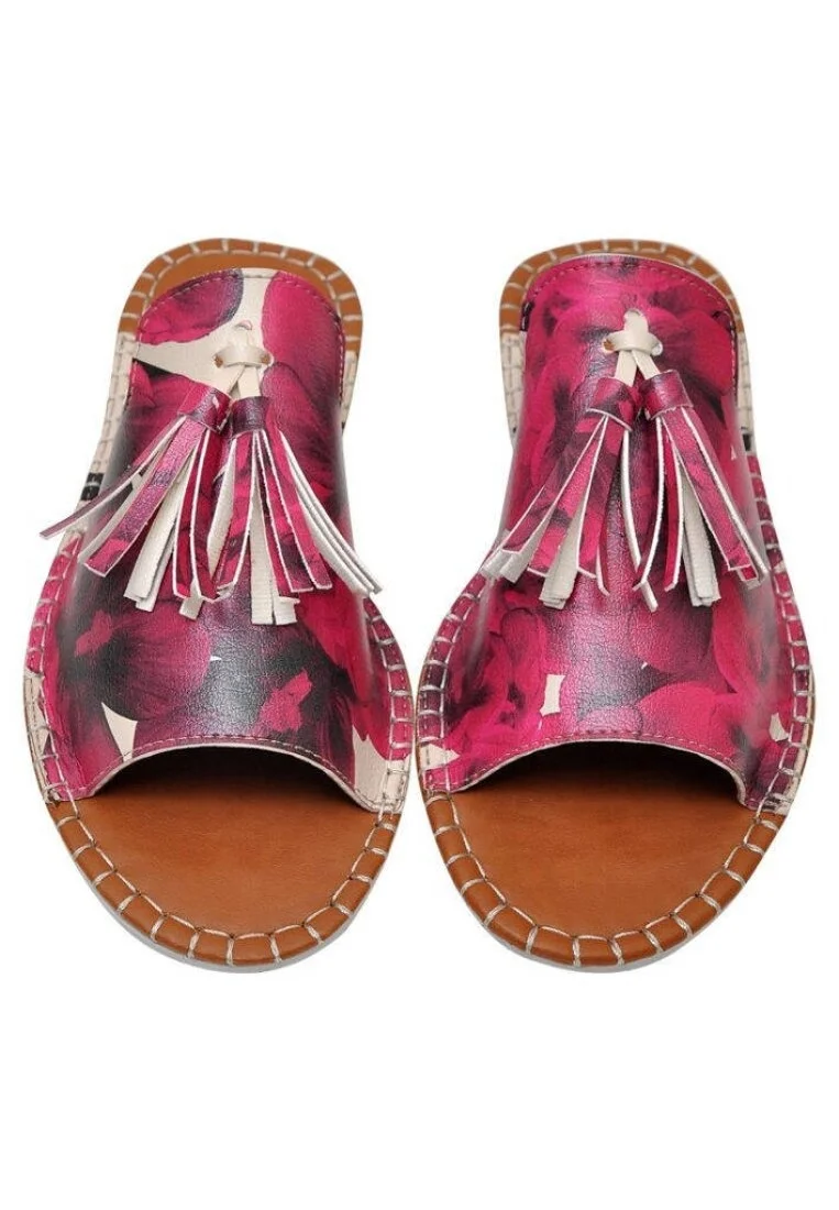 Kadın Vegan Deri Pembe Terlik - Flowers On My Shoes Tasarım