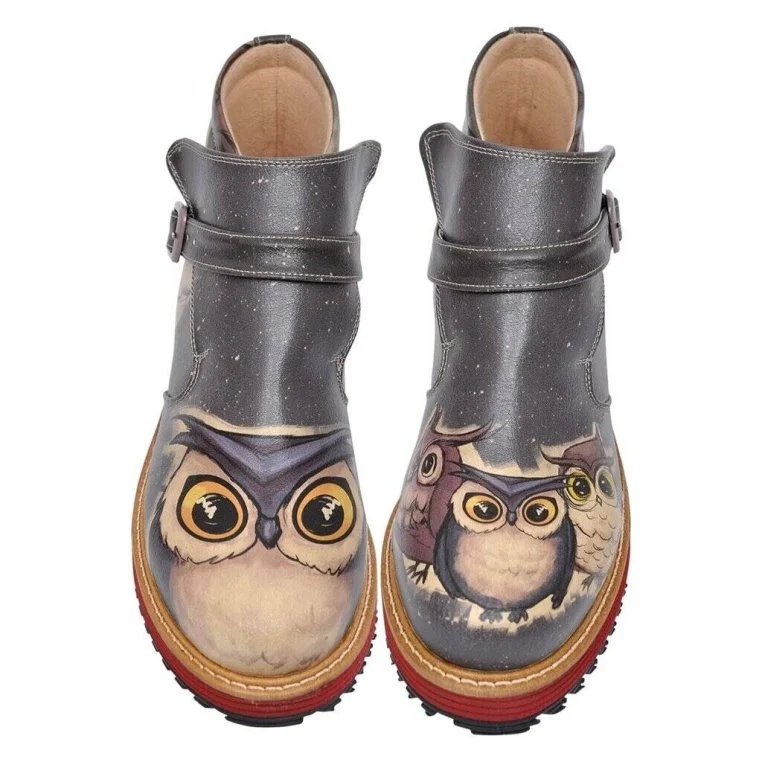 Kadın Vegan Deri Siyah Chelsea Bot - Owls Family Tasarım