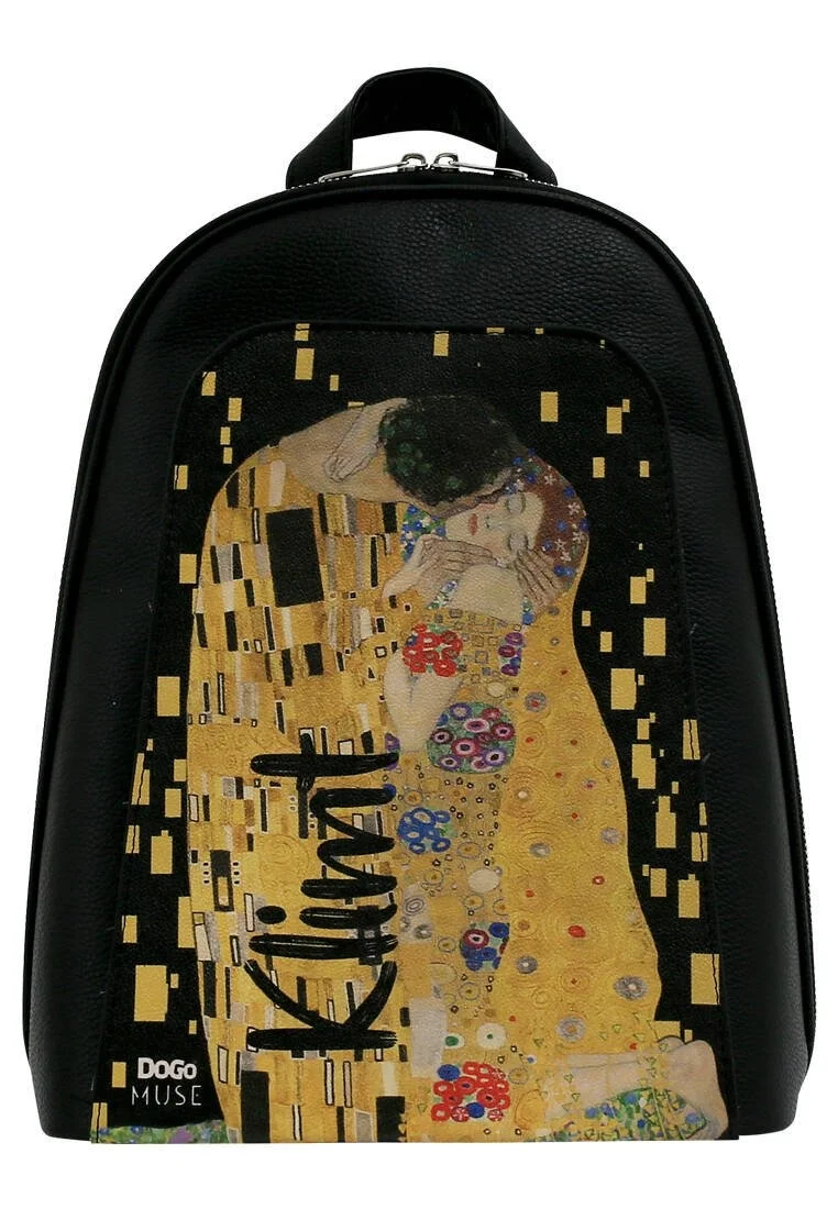 Kadın Vegan Deri Siyah Sırt Çantası - Gustav Klimt The Kiss Muse Tasarım