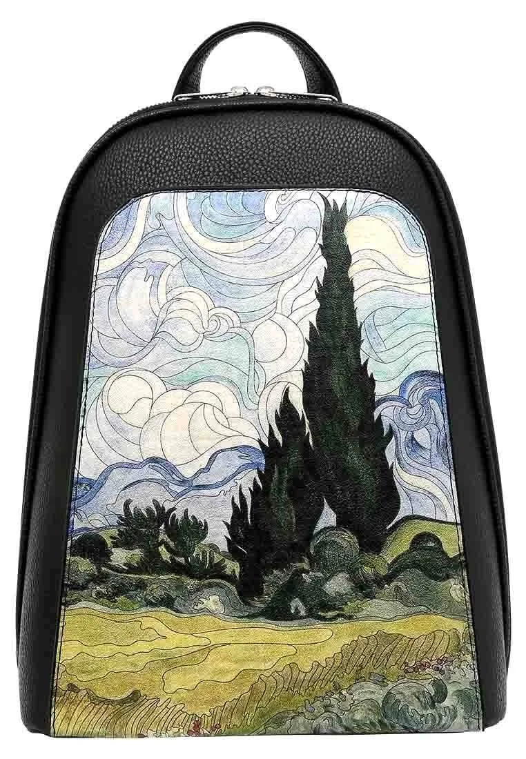 Kadın Vegan Deri Siyah Sırt Çantası - Vincent van Gogh A Wheat Field with Cypresses Tasarım
