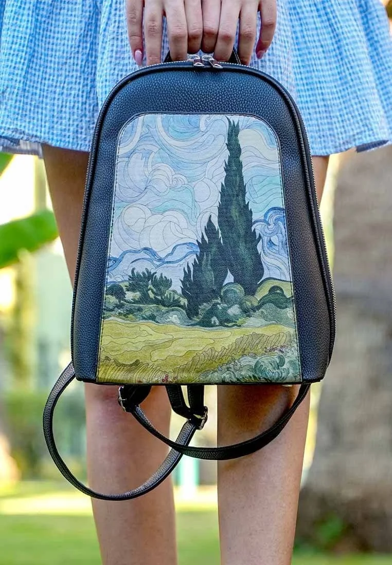 Kadın Vegan Deri Siyah Sırt Çantası - Vincent van Gogh A Wheat Field with Cypresses Tasarım