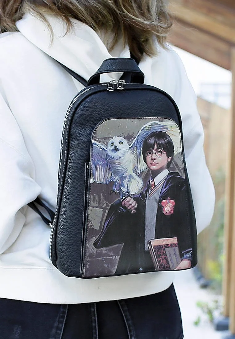 Kadın Vegan Deri Siyah Sırt Çantası - Warner Bros Harry And Hedwig Harry Potter Tasarım