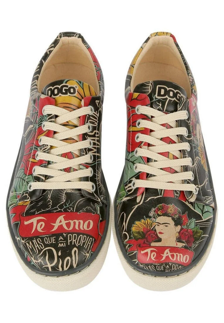Kadın Vegan Deri Siyah Sneakers - Te Amo Frida Kahlo Tasarım