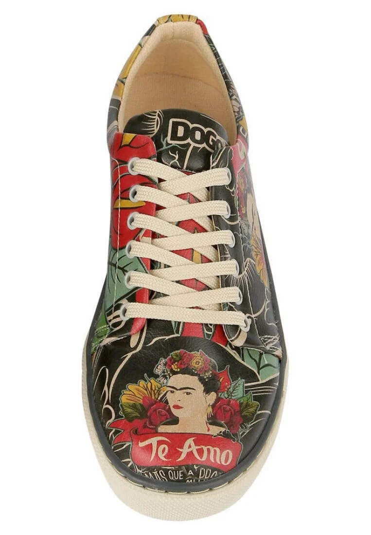 Kadın Vegan Deri Siyah Sneakers - Te Amo Frida Kahlo Tasarım