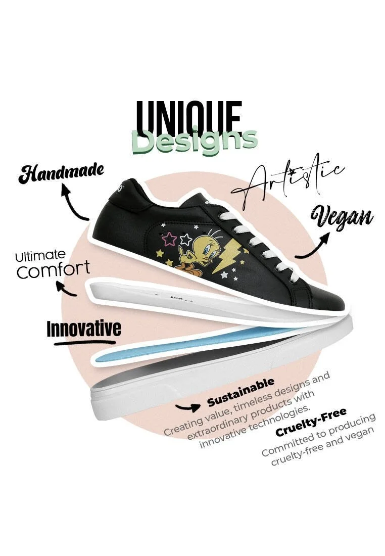 Kadın Vegan Deri Siyah Sneakers - Warner Bros Best of Tweety and Sylvester Tasarım