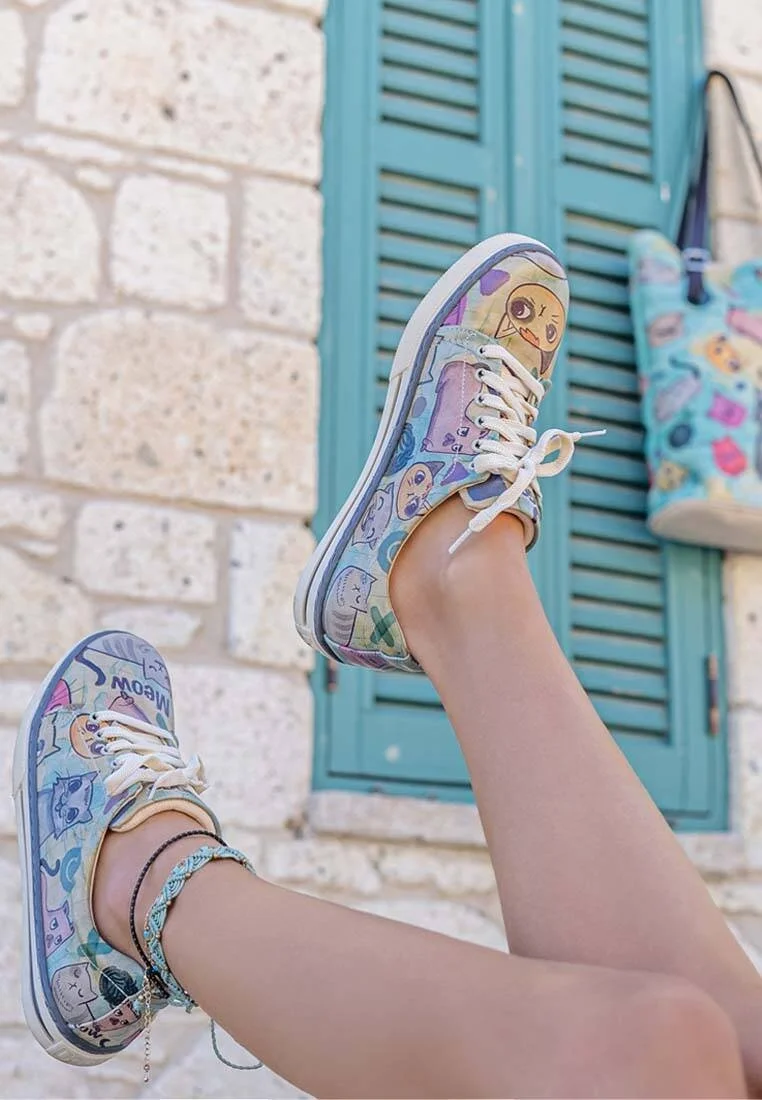 Kadın Vegan Deri Yeşil Sneakers - Cats of the World Tasarım