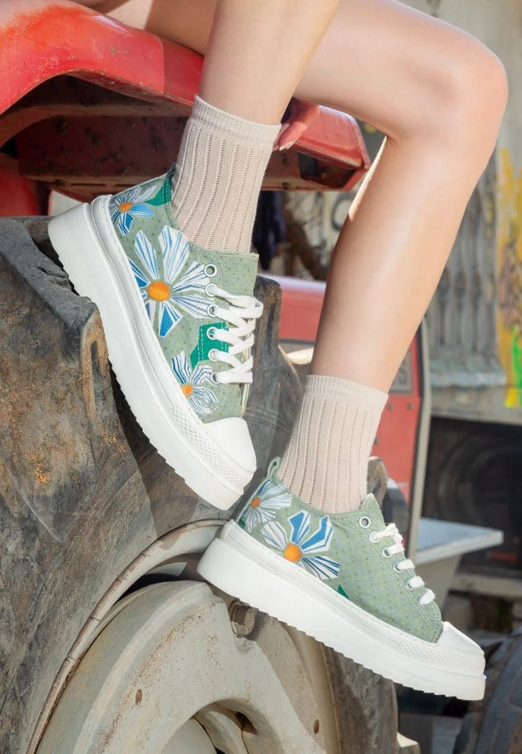 Kadın Vegan Gri Kalın Taban Sneakers - Origami Bloom Tasarım