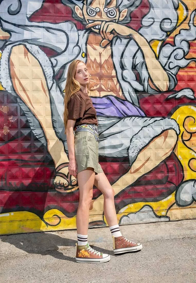 Kadın Vegan Kahverengi High Sneakers - Camping Scooby Doo Tasarım