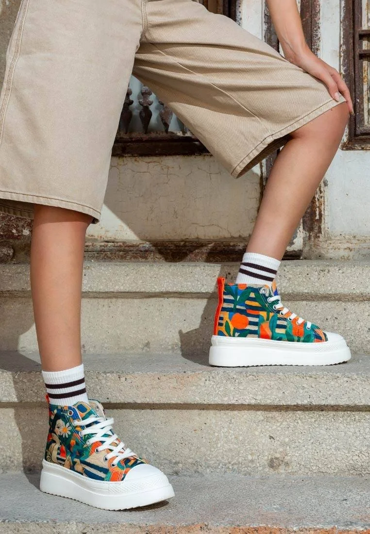 Kadın Vegan Çok Renkli Kalın Taban High Sneakers - Blossom Hug Tasarım