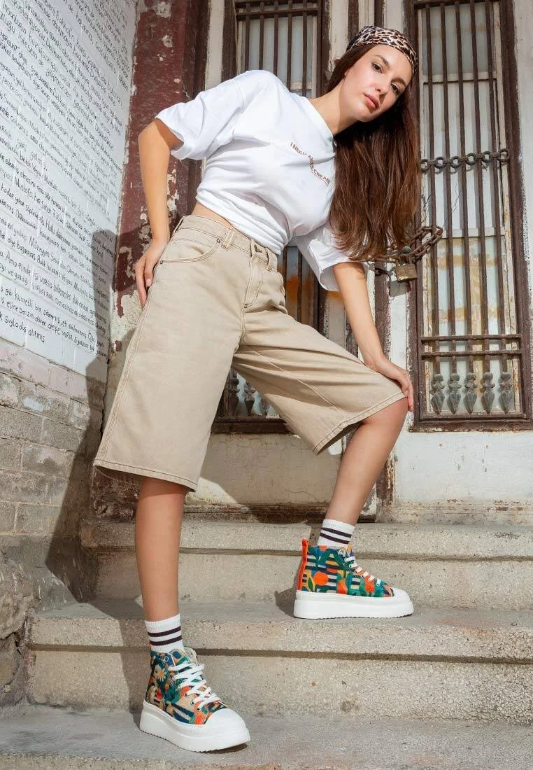 Kadın Vegan Çok Renkli Kalın Taban High Sneakers - Blossom Hug Tasarım