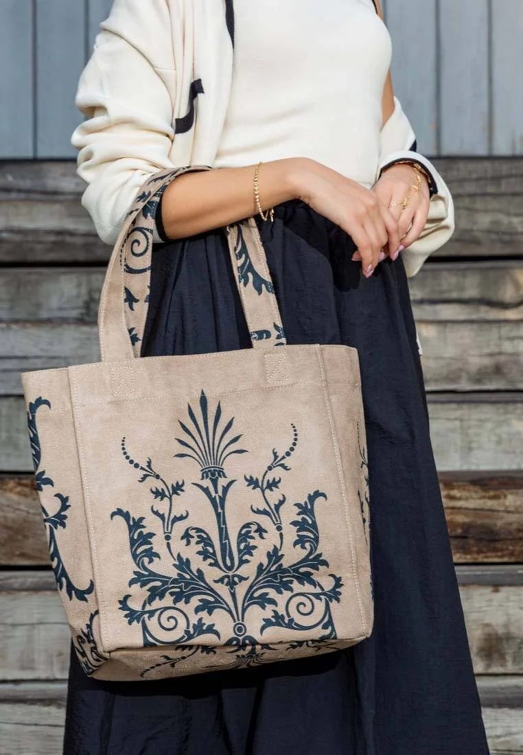 Kadın Vegan Krem Large Tote Bag - Renaissance Pattern Tasarım