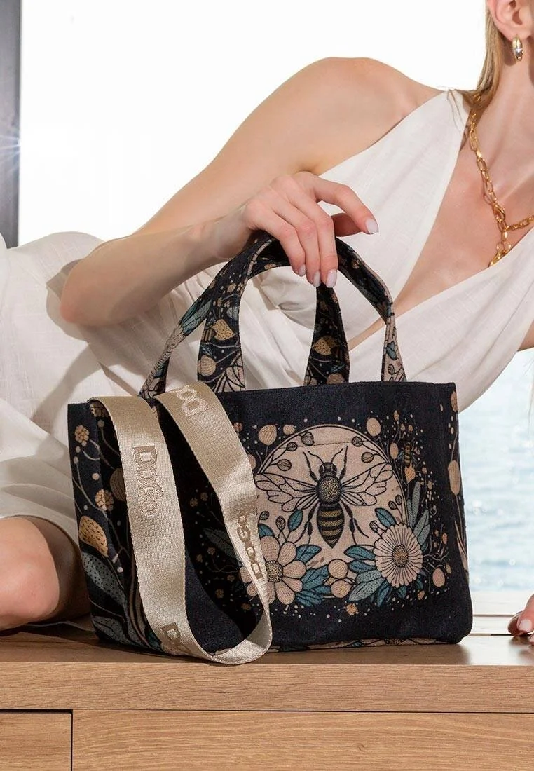 Kadın Vegan Deri Antrasit Medium Tote Bag - Bee with Flowers Tasarım