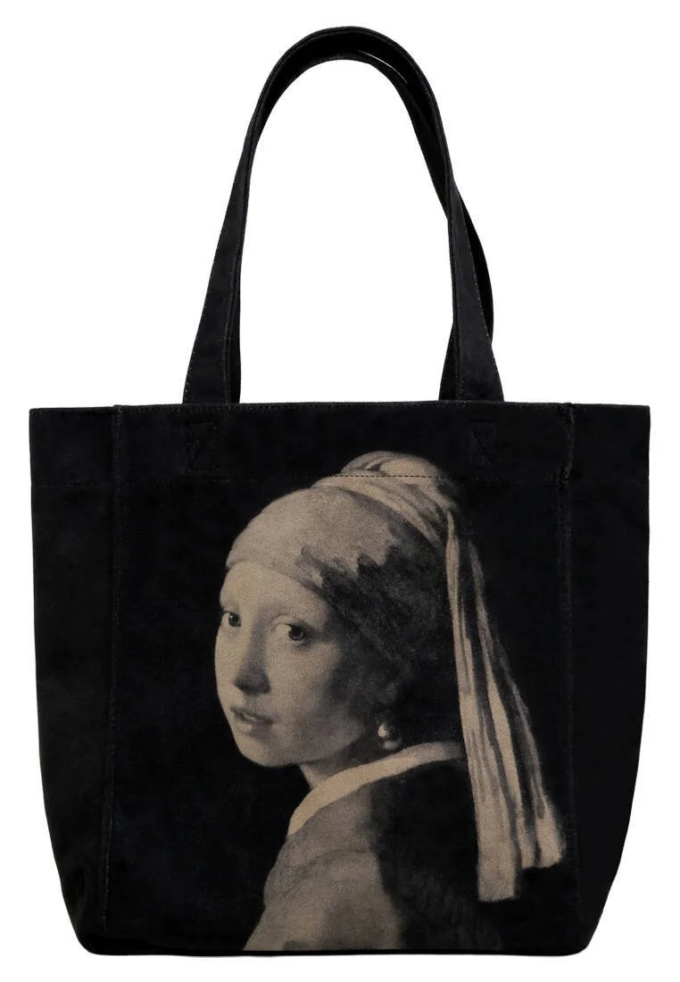 Kadın Vegan Siyah Large Tote Bag - Girl With a Pearl Earring Tasarım