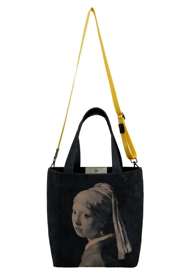 Kadın Vegan Siyah Large Tote Bag - Girl With a Pearl Earring Tasarım