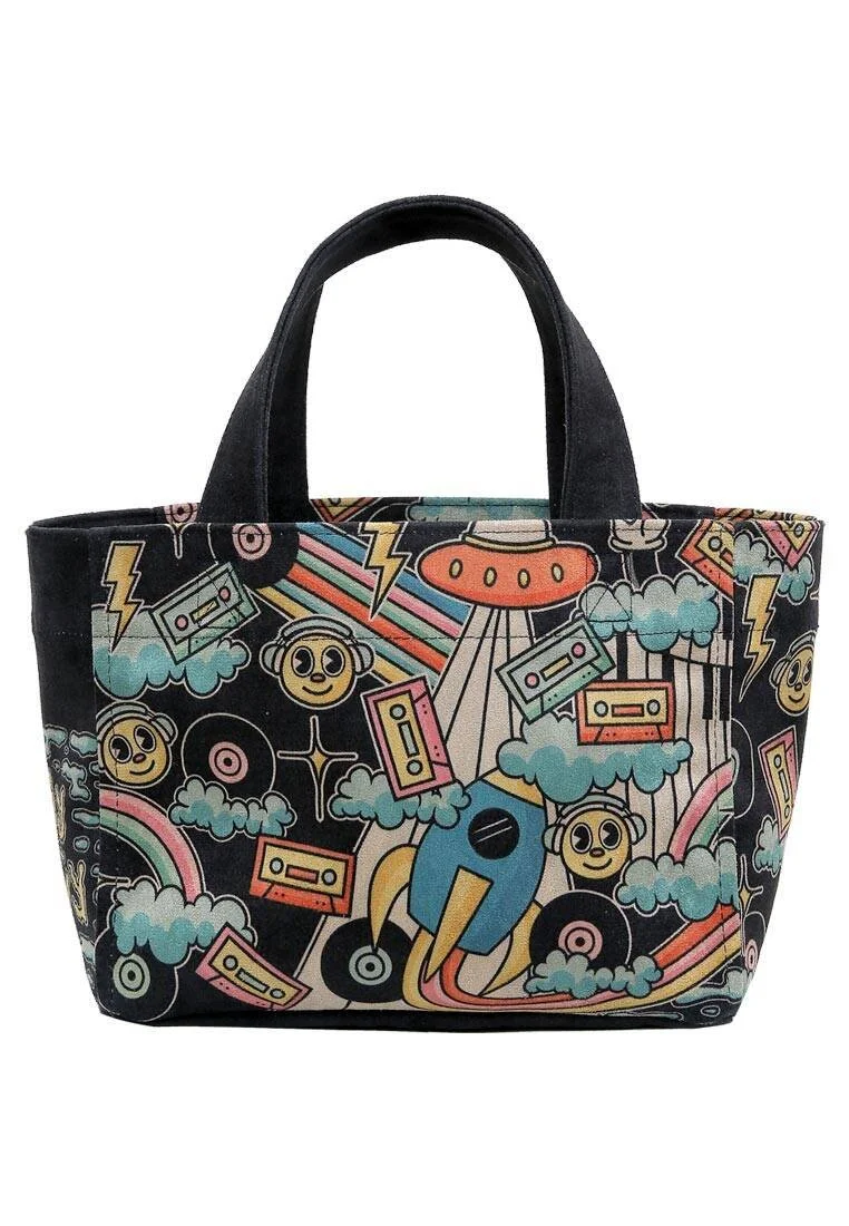 Kadın Vegan Siyah Medium Tote Bag - Stay Groovy Tasarım